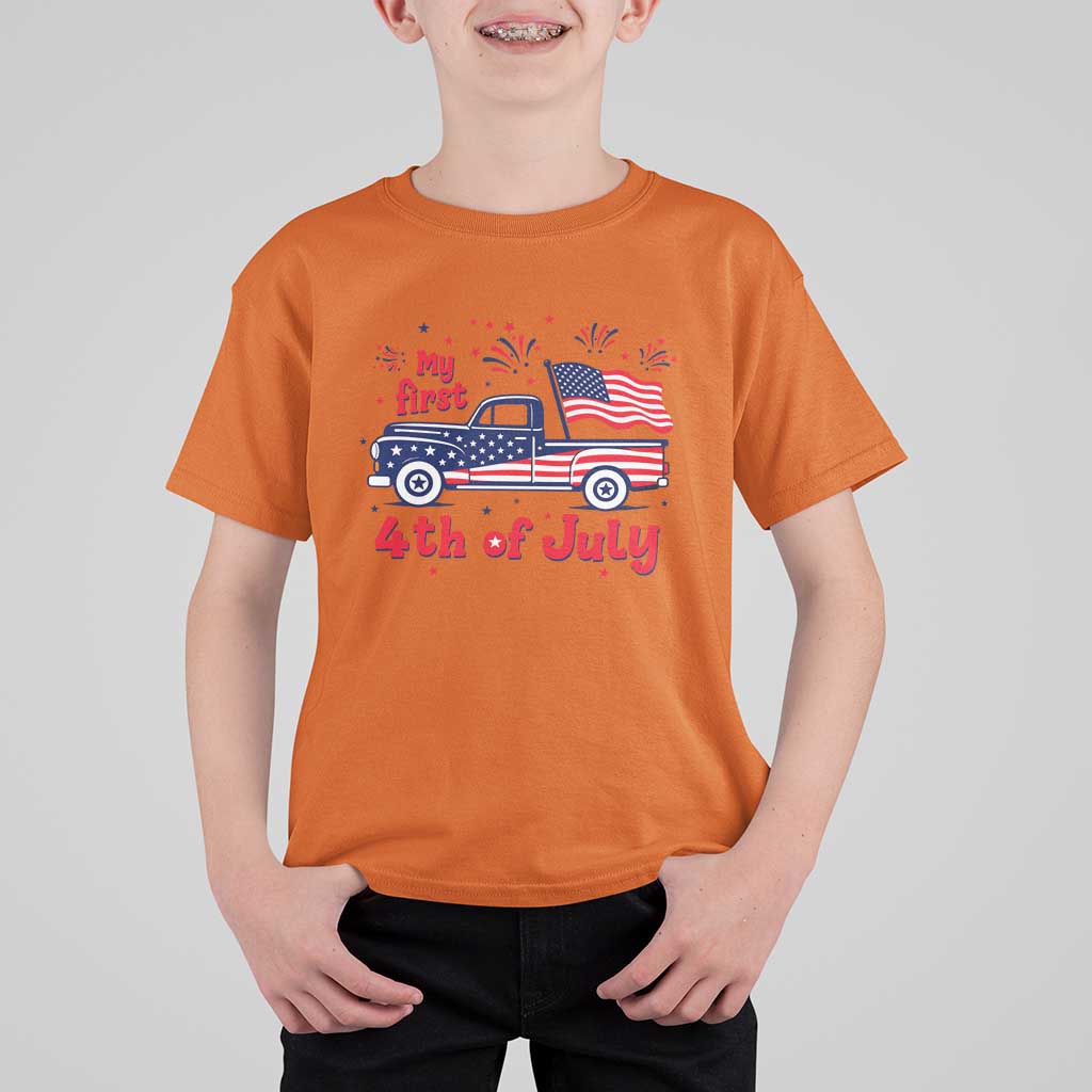 My First 4th of July Retro American Flag Pickup Truck T Shirt For Kid Americana Patriotic Independence Holiday Milestone