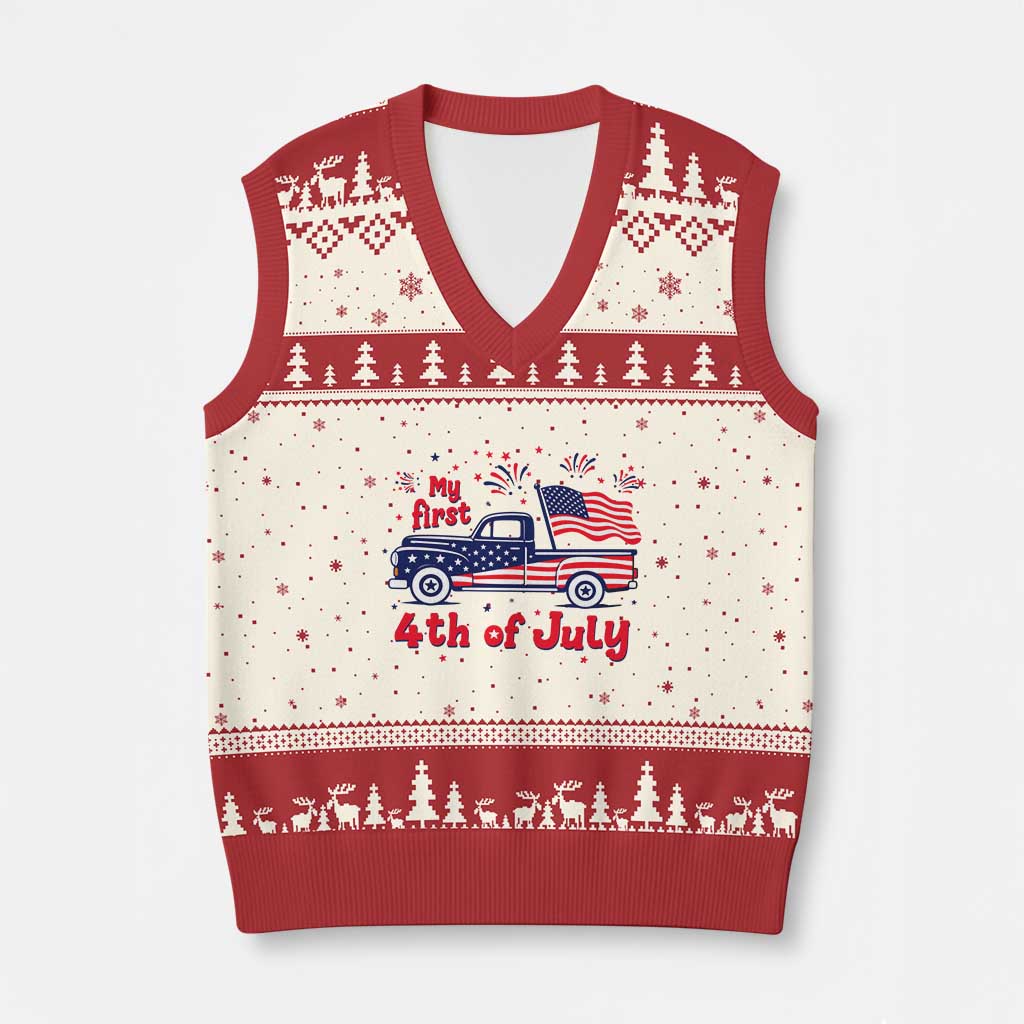 My First 4th of July Retro American Flag Pickup Truck V-Neck Knit Sweater Vest Americana Patriotic Independence Holiday Milestone