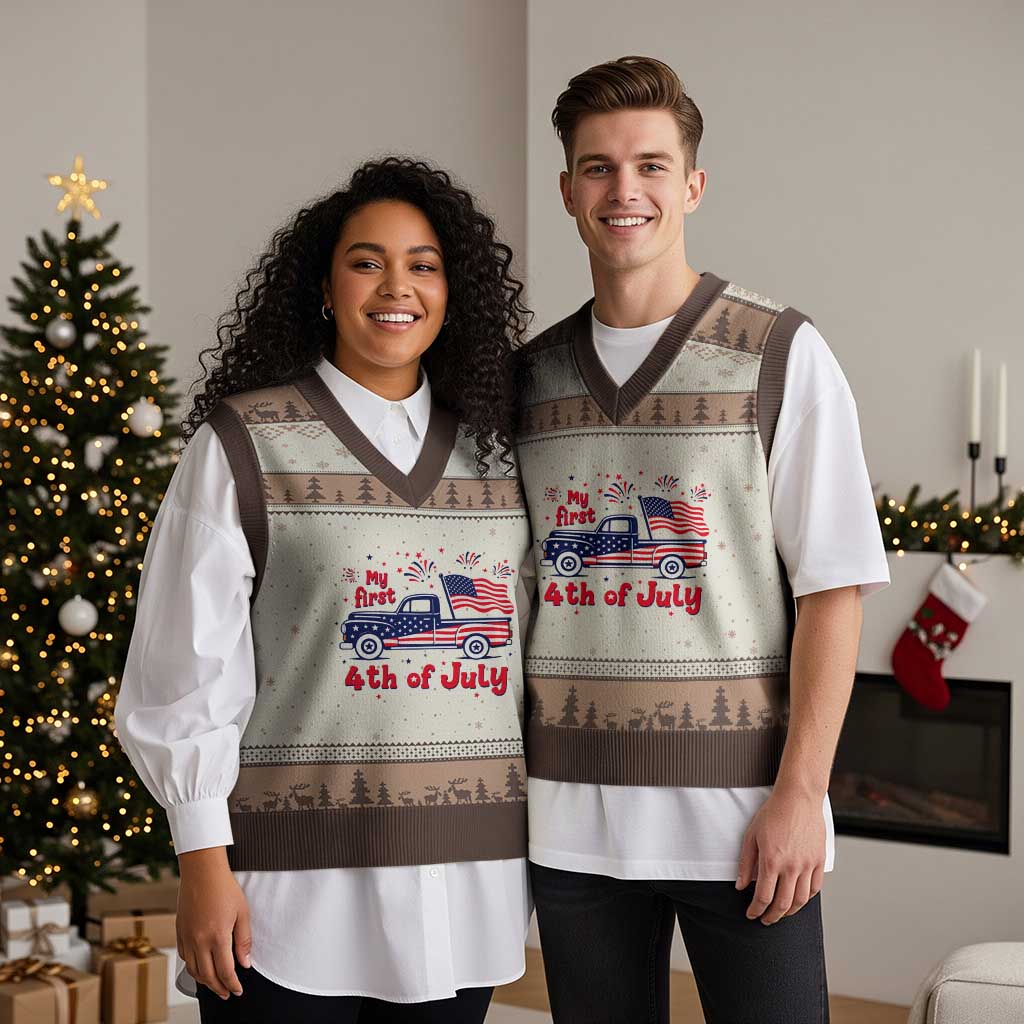 My First 4th of July Retro American Flag Pickup Truck V-Neck Knit Sweater Vest Americana Patriotic Independence Holiday Milestone