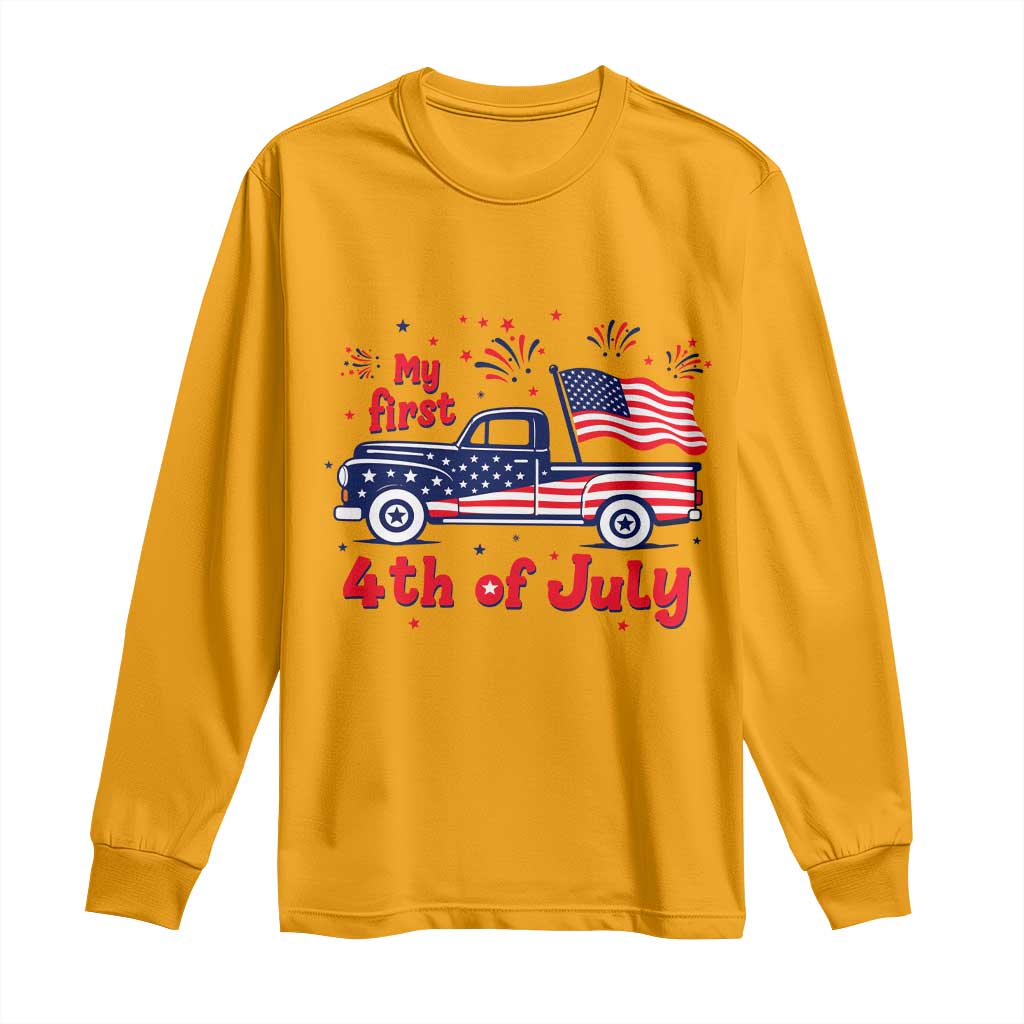 My First 4th of July Retro American Flag Pickup Truck Long Sleeve Shirt Americana Patriotic Independence Holiday Milestone