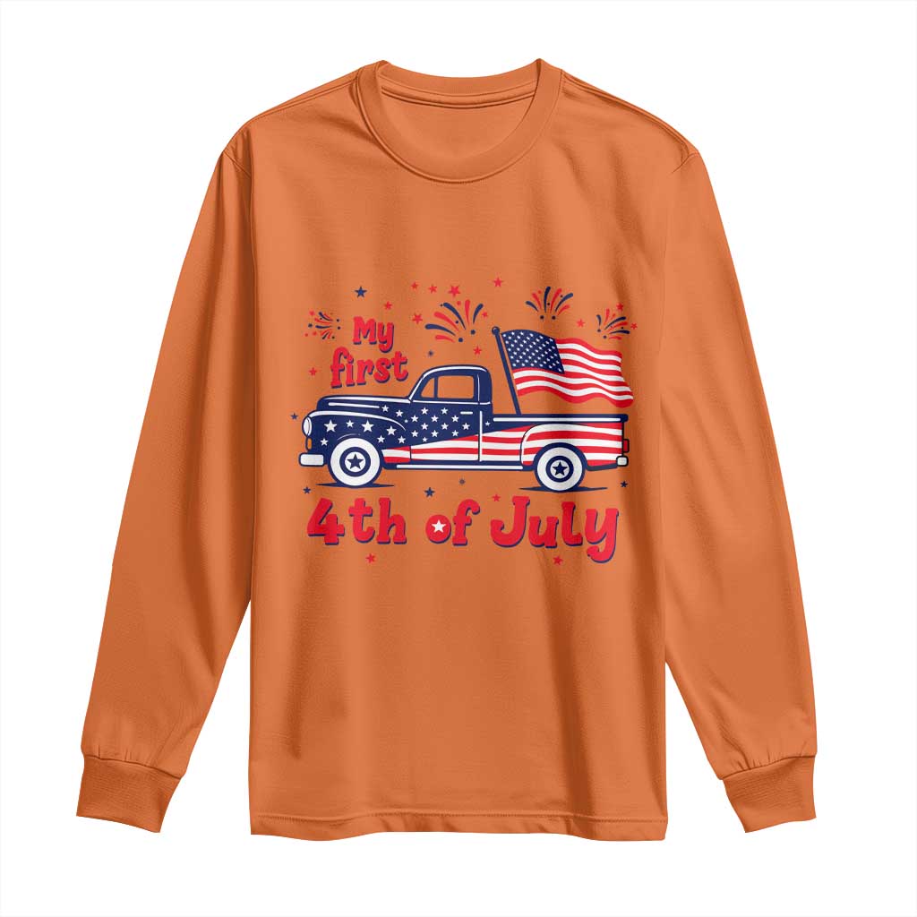 My First 4th of July Retro American Flag Pickup Truck Long Sleeve Shirt Americana Patriotic Independence Holiday Milestone