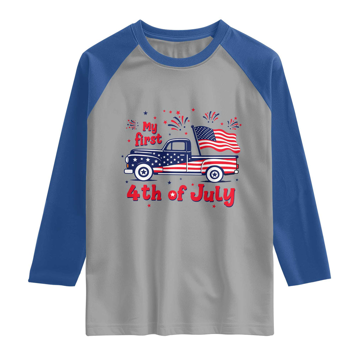 My First 4th of July Retro American Flag Pickup Truck Raglan Shirt Americana Patriotic Independence Holiday Milestone