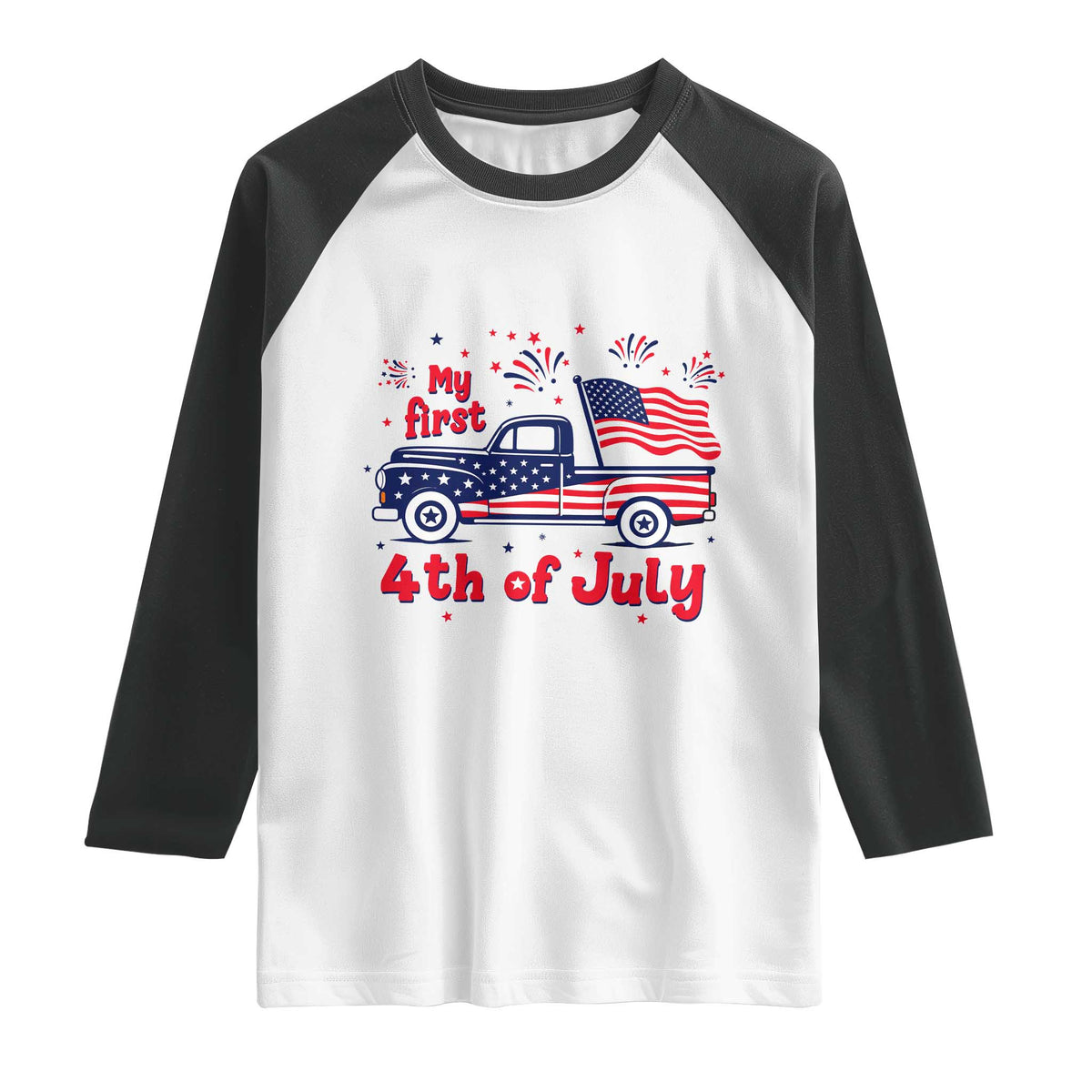 My First 4th of July Retro American Flag Pickup Truck Raglan Shirt Americana Patriotic Independence Holiday Milestone