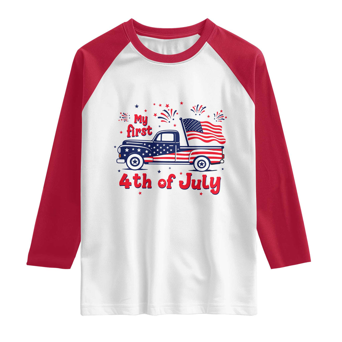 My First 4th of July Retro American Flag Pickup Truck Raglan Shirt Americana Patriotic Independence Holiday Milestone