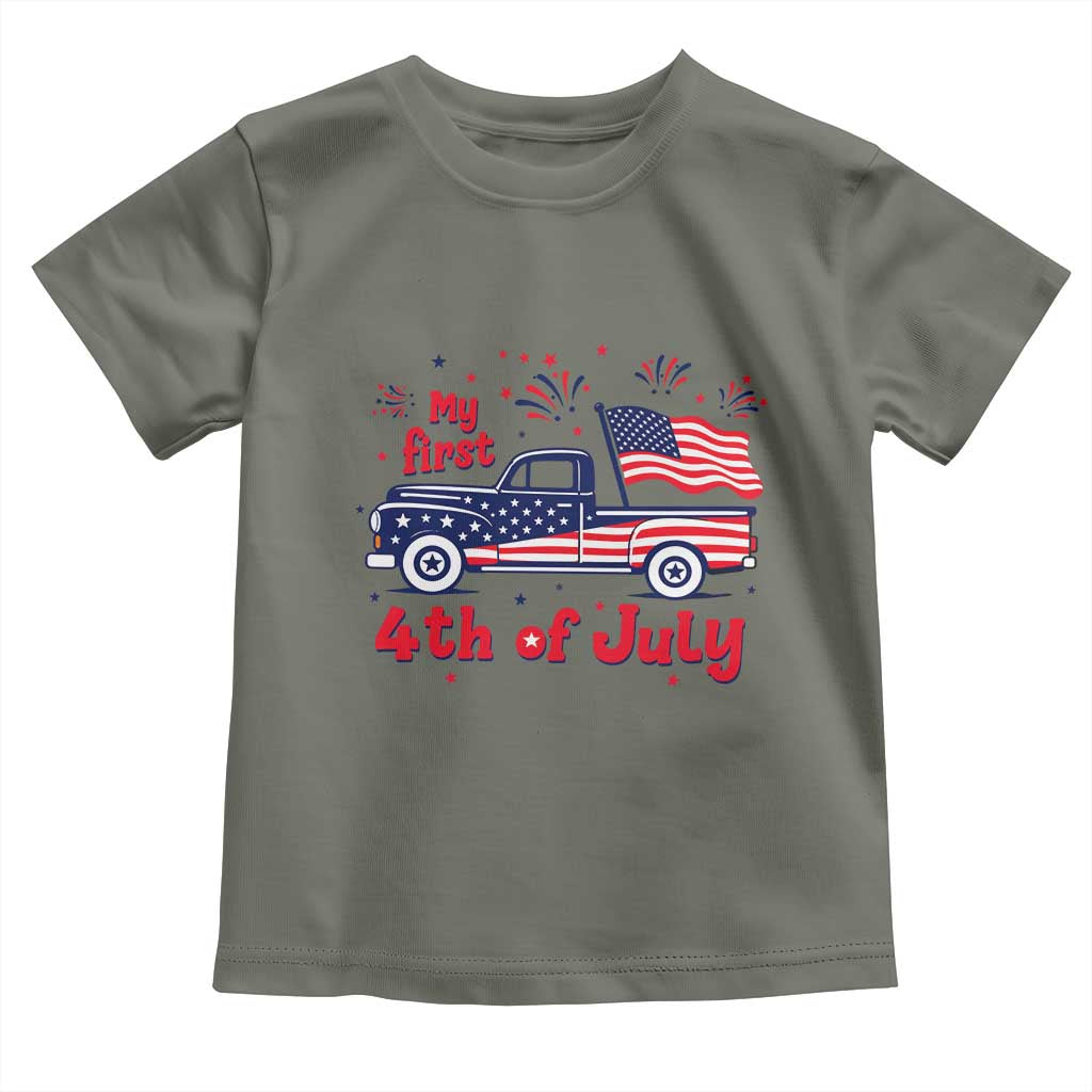 My First 4th of July Retro American Flag Pickup Truck Toddler T Shirt Americana Patriotic Independence Holiday Milestone