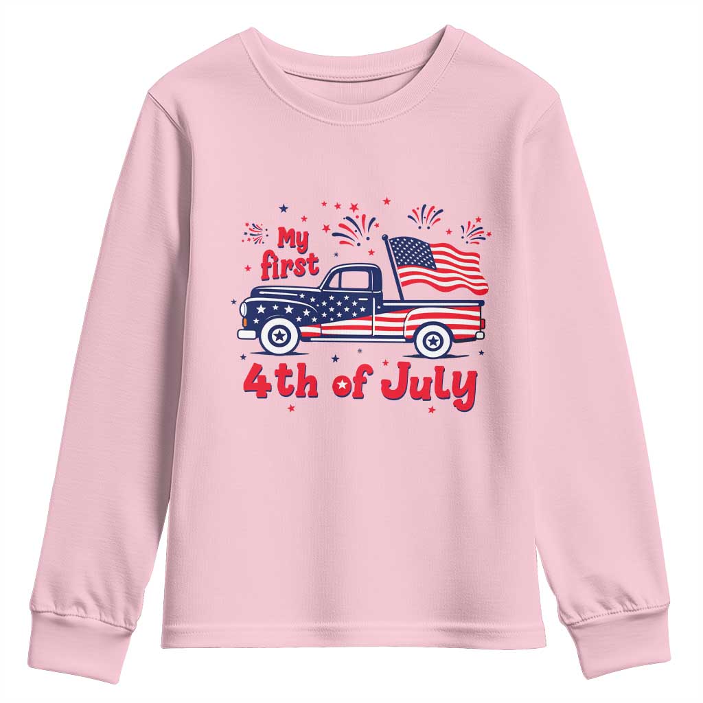My First 4th of July Retro American Flag Pickup Truck Youth Sweatshirt Americana Patriotic Independence Holiday Milestone