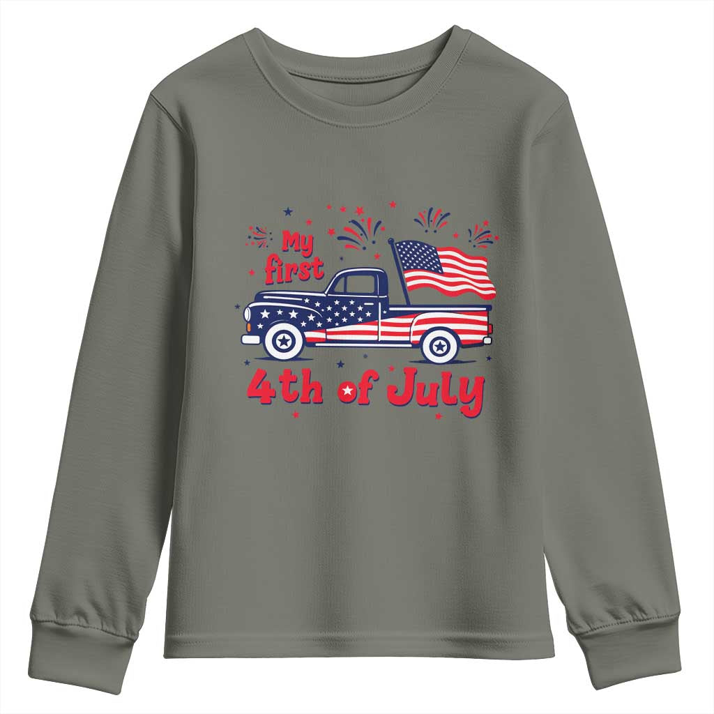 My First 4th of July Retro American Flag Pickup Truck Youth Sweatshirt Americana Patriotic Independence Holiday Milestone