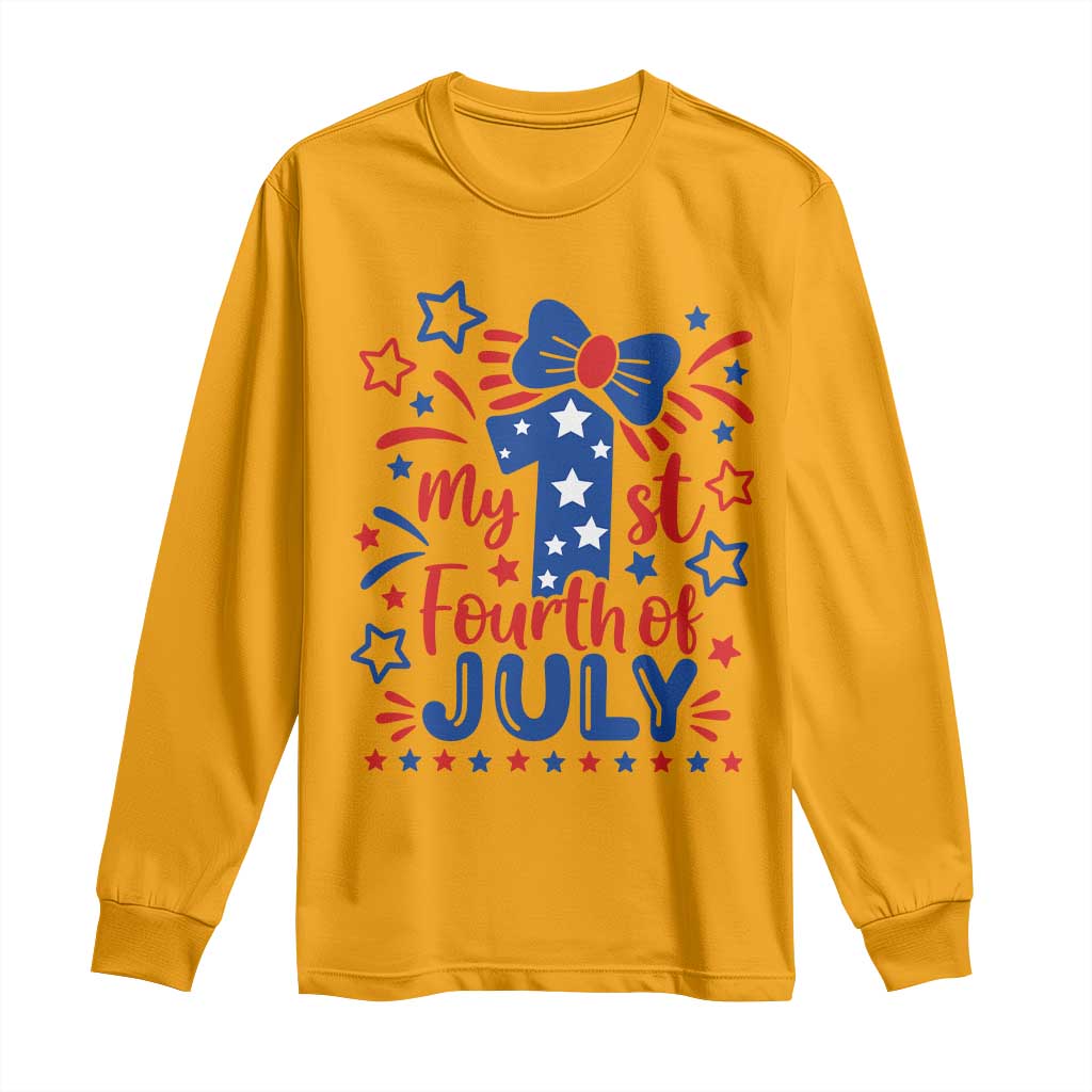My 1st Fourth of July Patriotic Star Bow Long Sleeve Shirt Number One Festive Holiday Independence Milestone