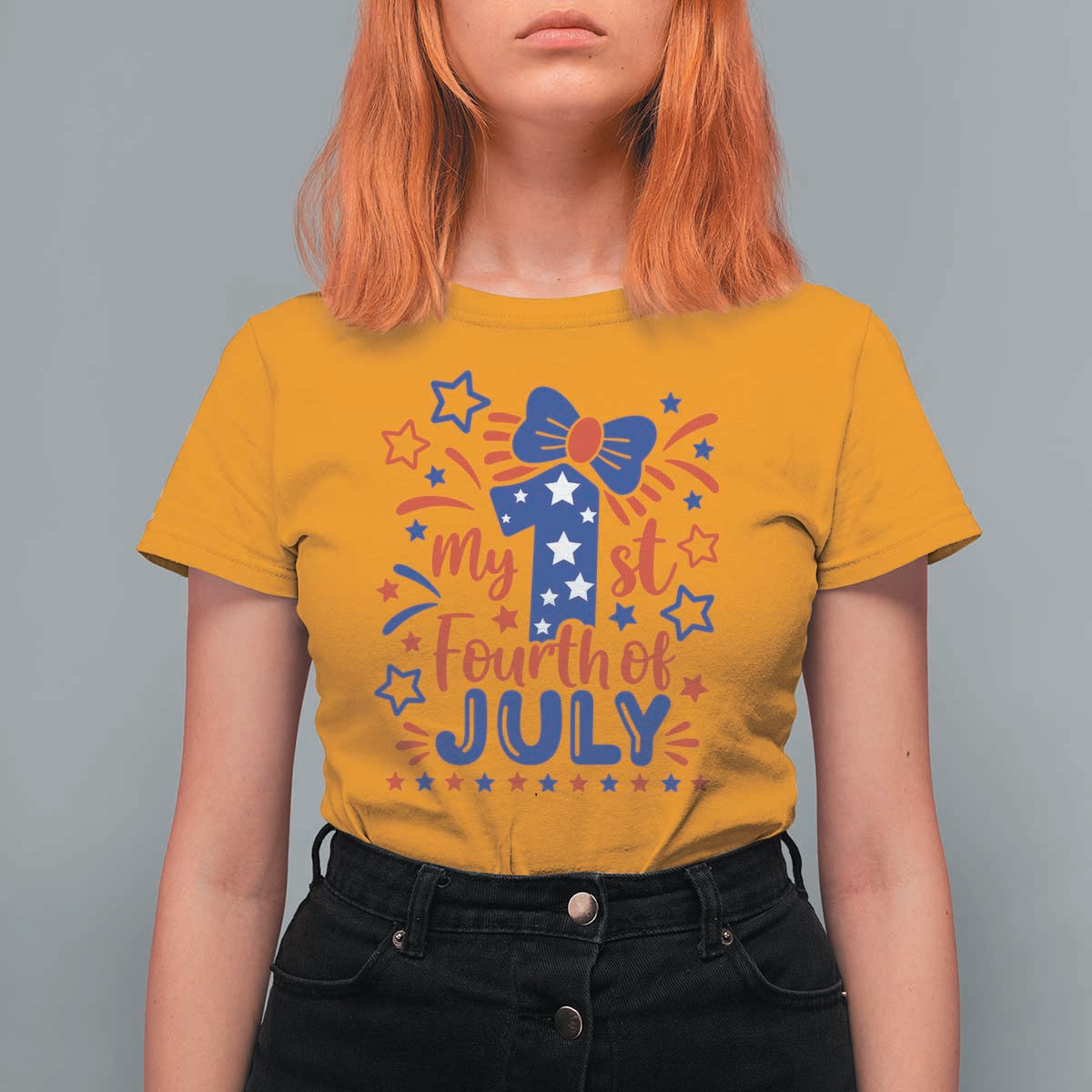My 1st Fourth of July Patriotic Star Bow T Shirt For Women Number One Festive Holiday Independence Milestone