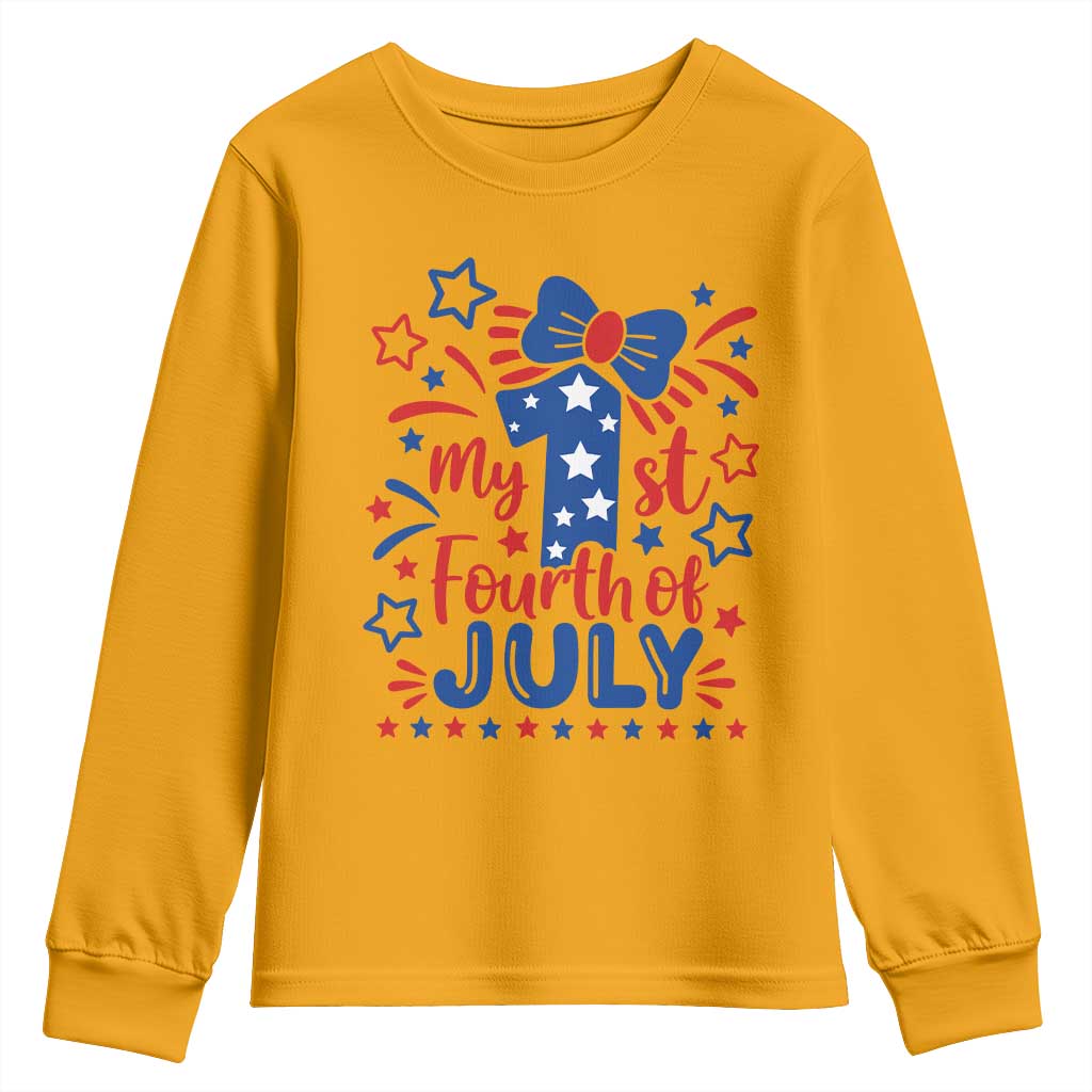 My 1st Fourth of July Patriotic Star Bow Youth Sweatshirt Number One Festive Holiday Independence Milestone
