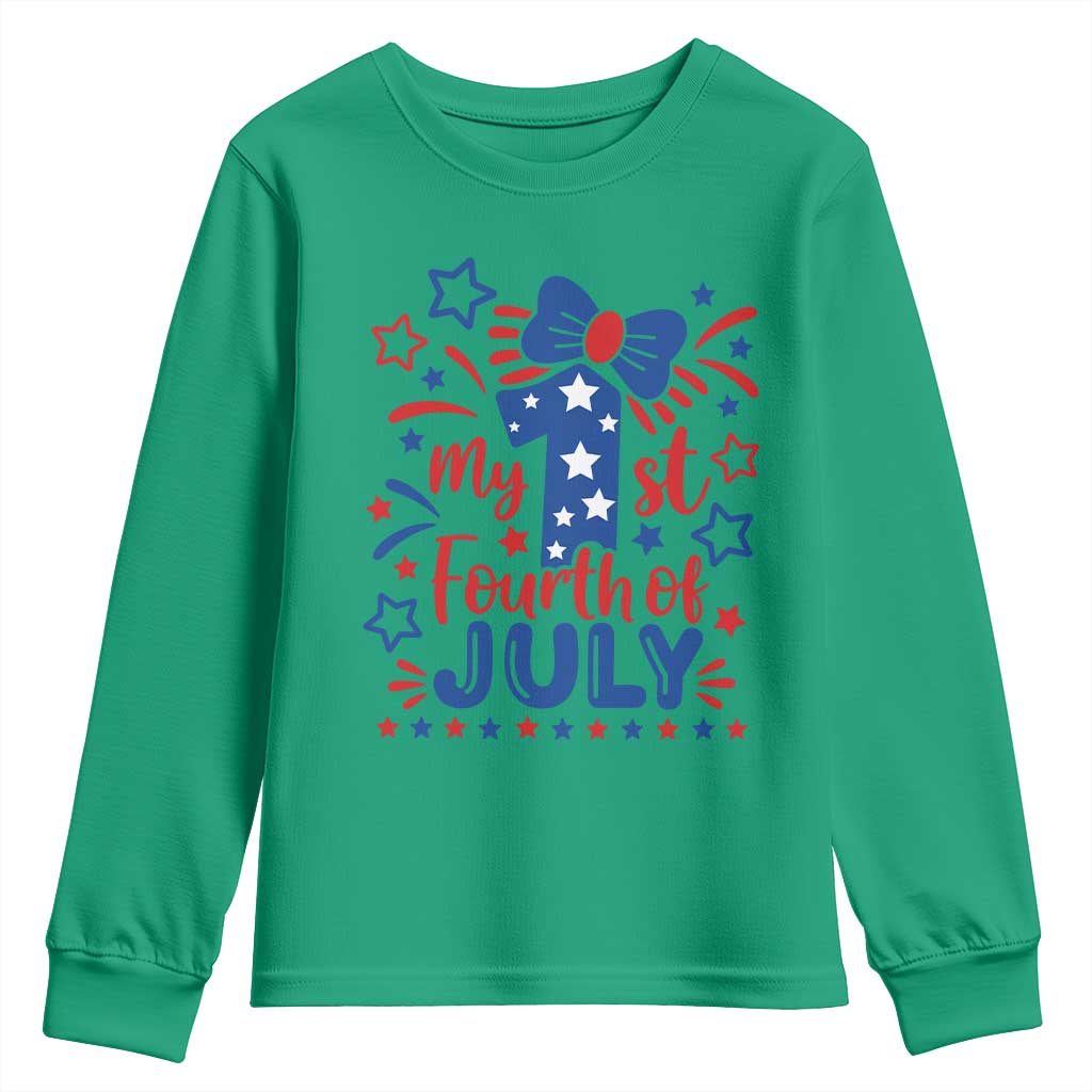 My 1st Fourth of July Patriotic Star Bow Youth Sweatshirt Number One Festive Holiday Independence Milestone