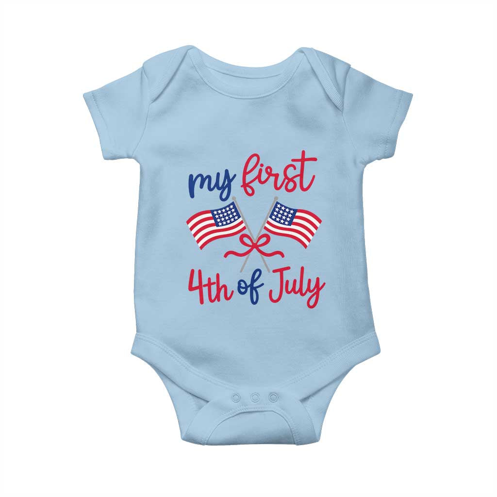 My First 4th of July Crossed American Flags Bow Baby Onesie Patriotic Baby Girl Holiday Milestone