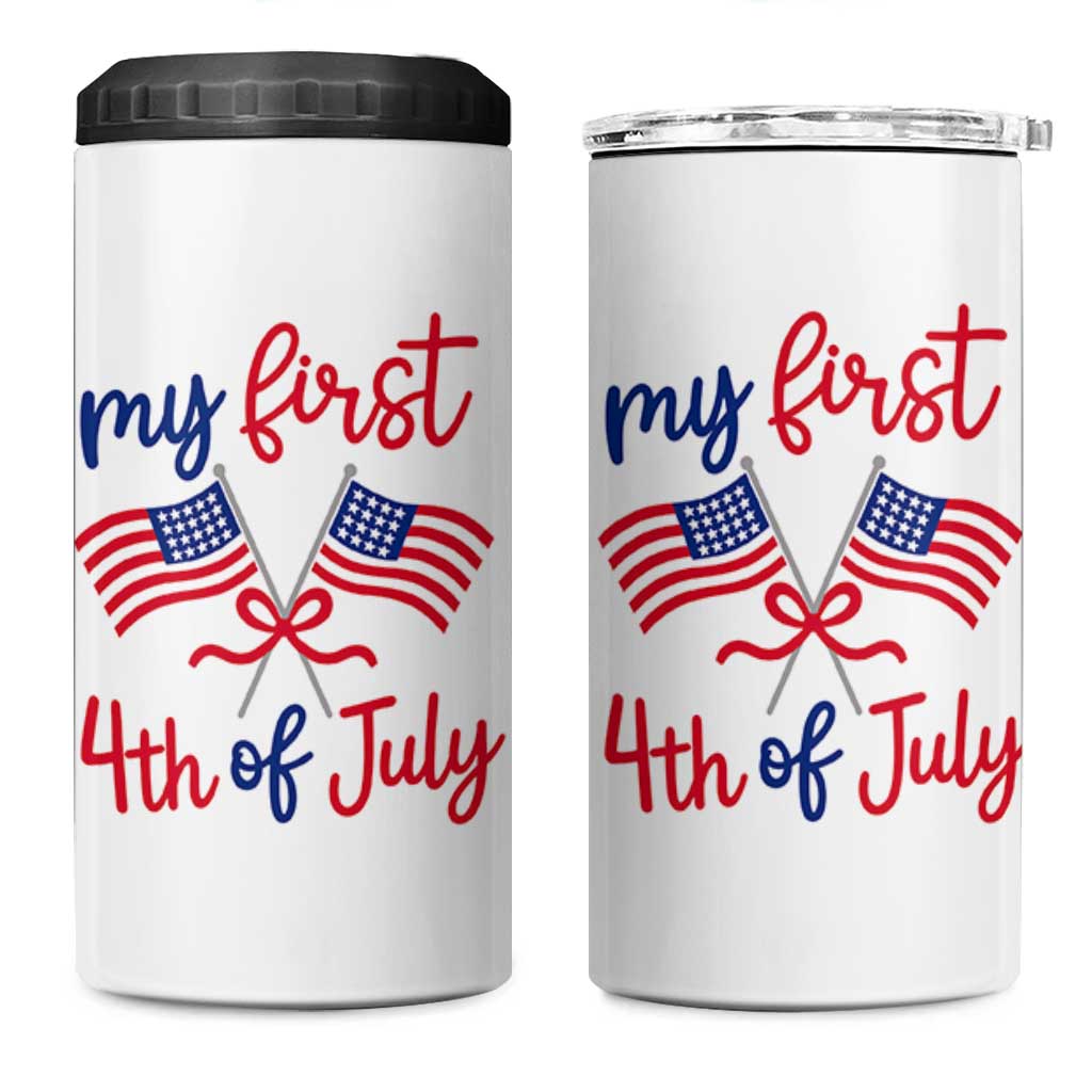My First 4th of July Crossed American Flags Bow 4 in 1 Can Cooler Tumbler Patriotic Baby Girl Holiday Milestone