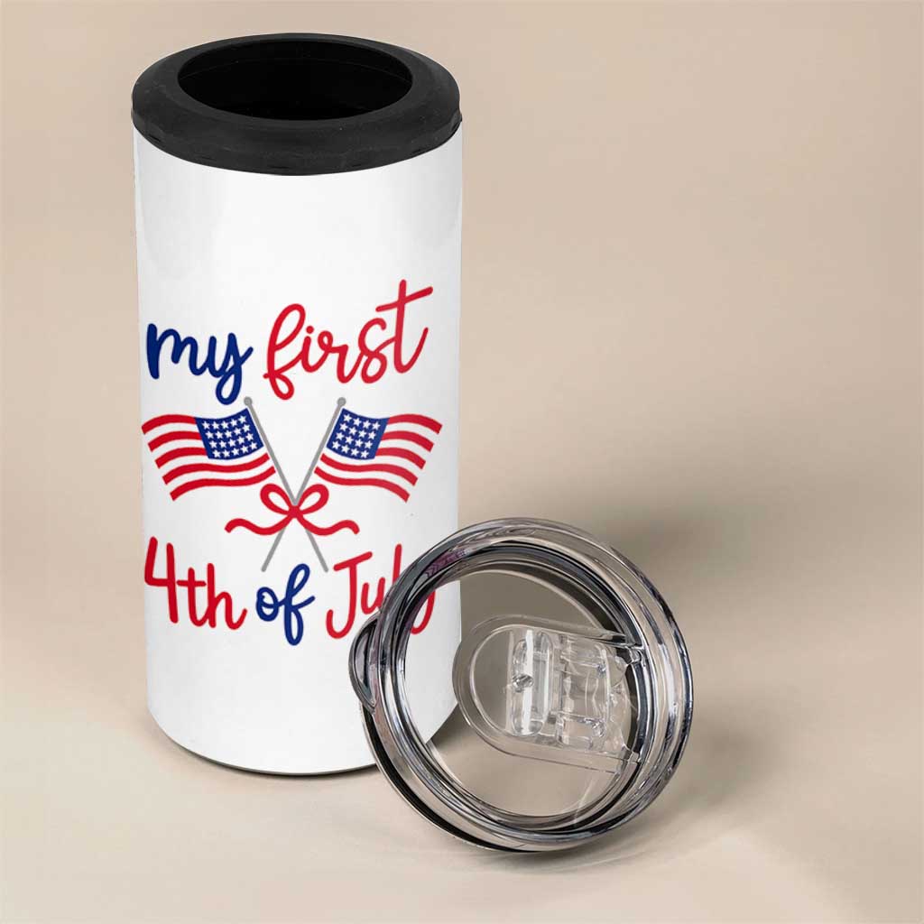 My First 4th of July Crossed American Flags Bow 4 in 1 Can Cooler Tumbler Patriotic Baby Girl Holiday Milestone