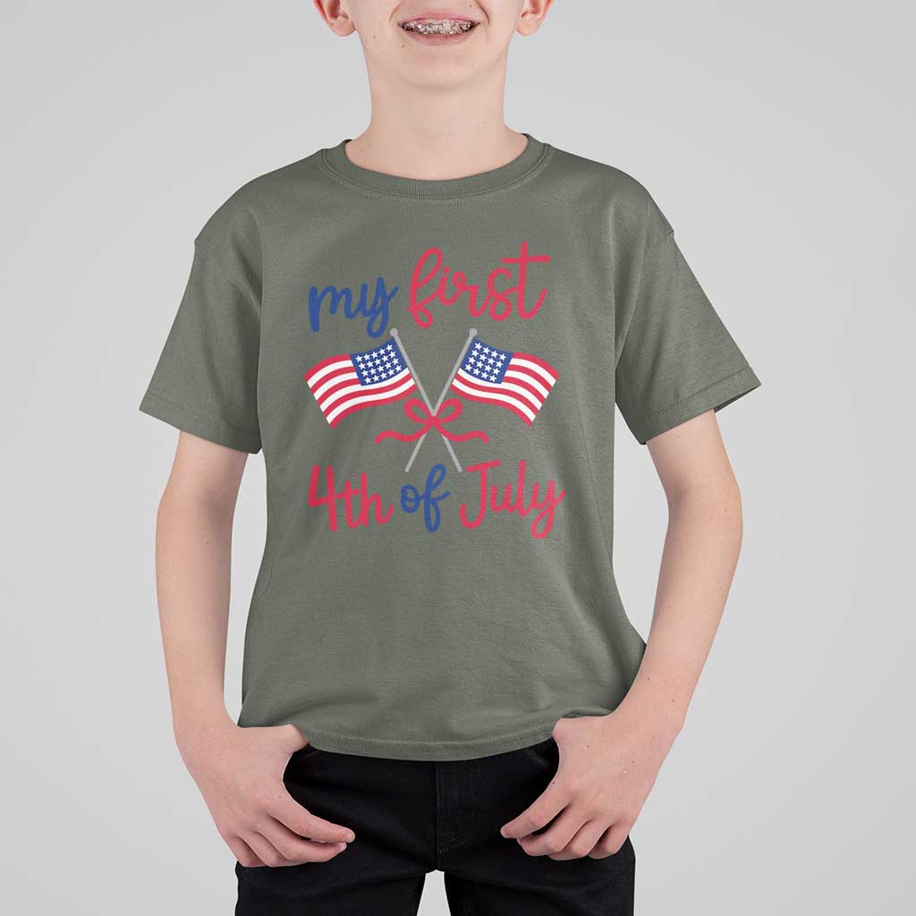 My First 4th of July Crossed American Flags Bow T Shirt For Kid Patriotic Baby Girl Holiday Milestone
