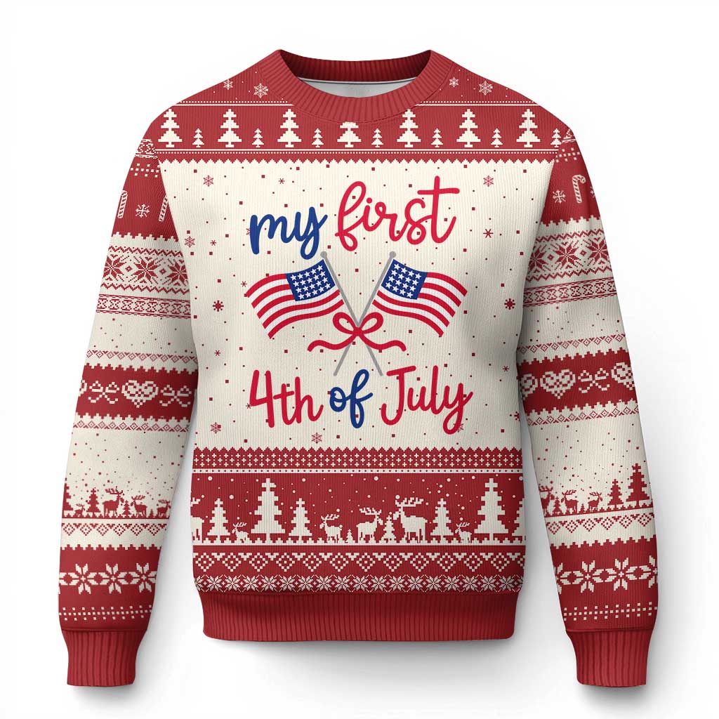 My First 4th of July Crossed American Flags Bow Ugly Christmas Sweater Patriotic Baby Girl Holiday Milestone