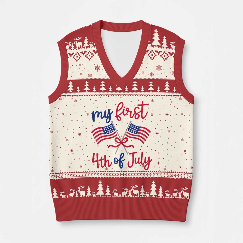 My First 4th of July Crossed American Flags Bow V-Neck Knit Sweater Vest Patriotic Baby Girl Holiday Milestone