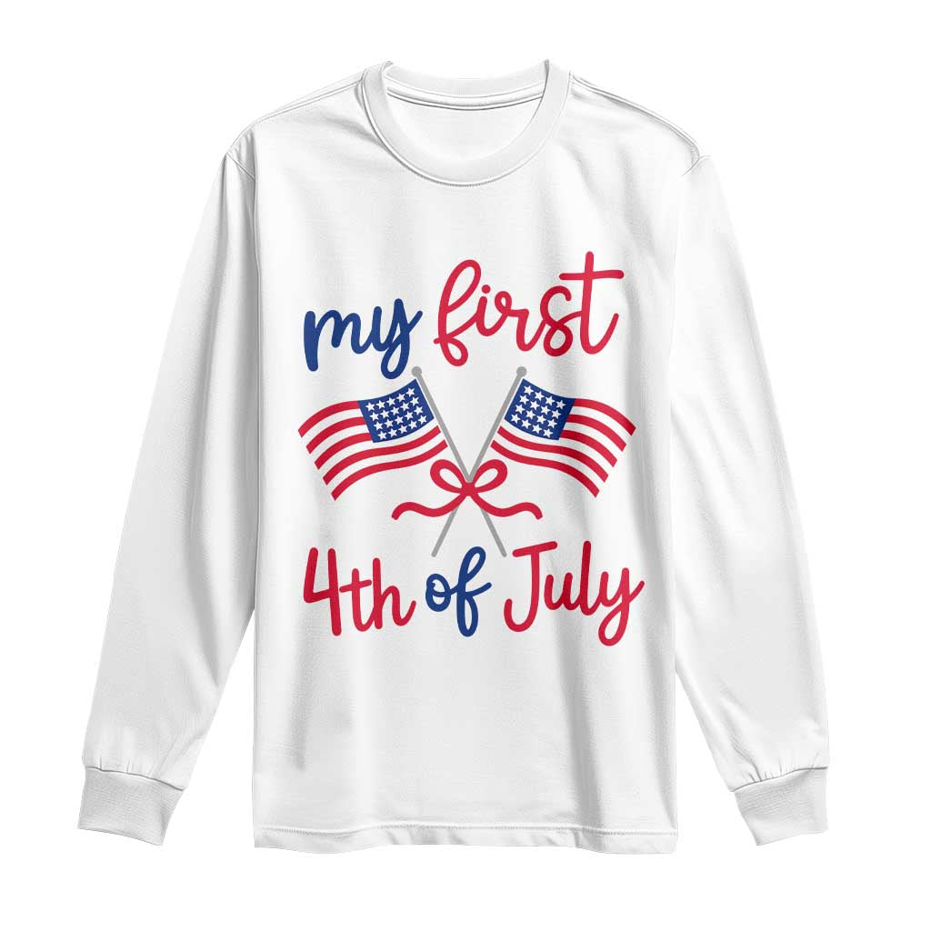 My First 4th of July Crossed American Flags Bow Long Sleeve Shirt Patriotic Baby Girl Holiday Milestone
