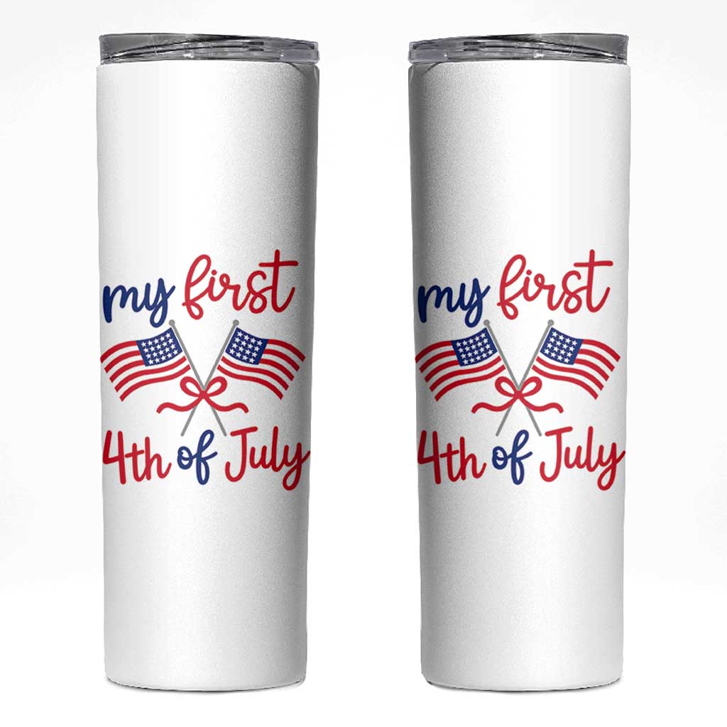 My First 4th of July Crossed American Flags Bow Skinny Tumbler Patriotic Baby Girl Holiday Milestone