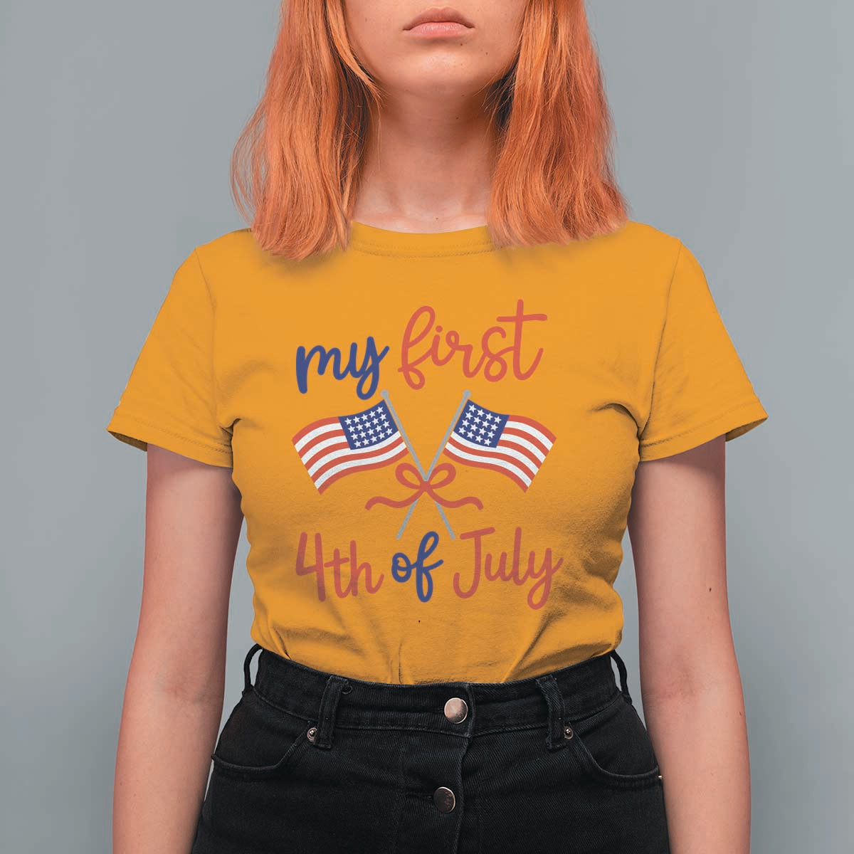 My First 4th of July Crossed American Flags Bow T Shirt For Women Patriotic Baby Girl Holiday Milestone