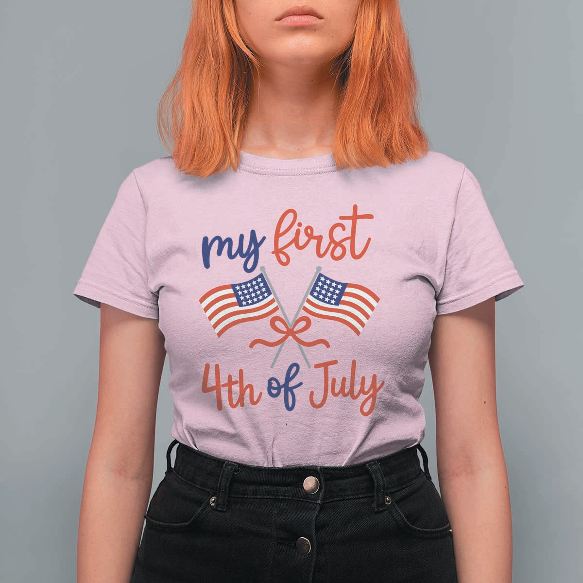 My First 4th of July Crossed American Flags Bow T Shirt For Women Patriotic Baby Girl Holiday Milestone