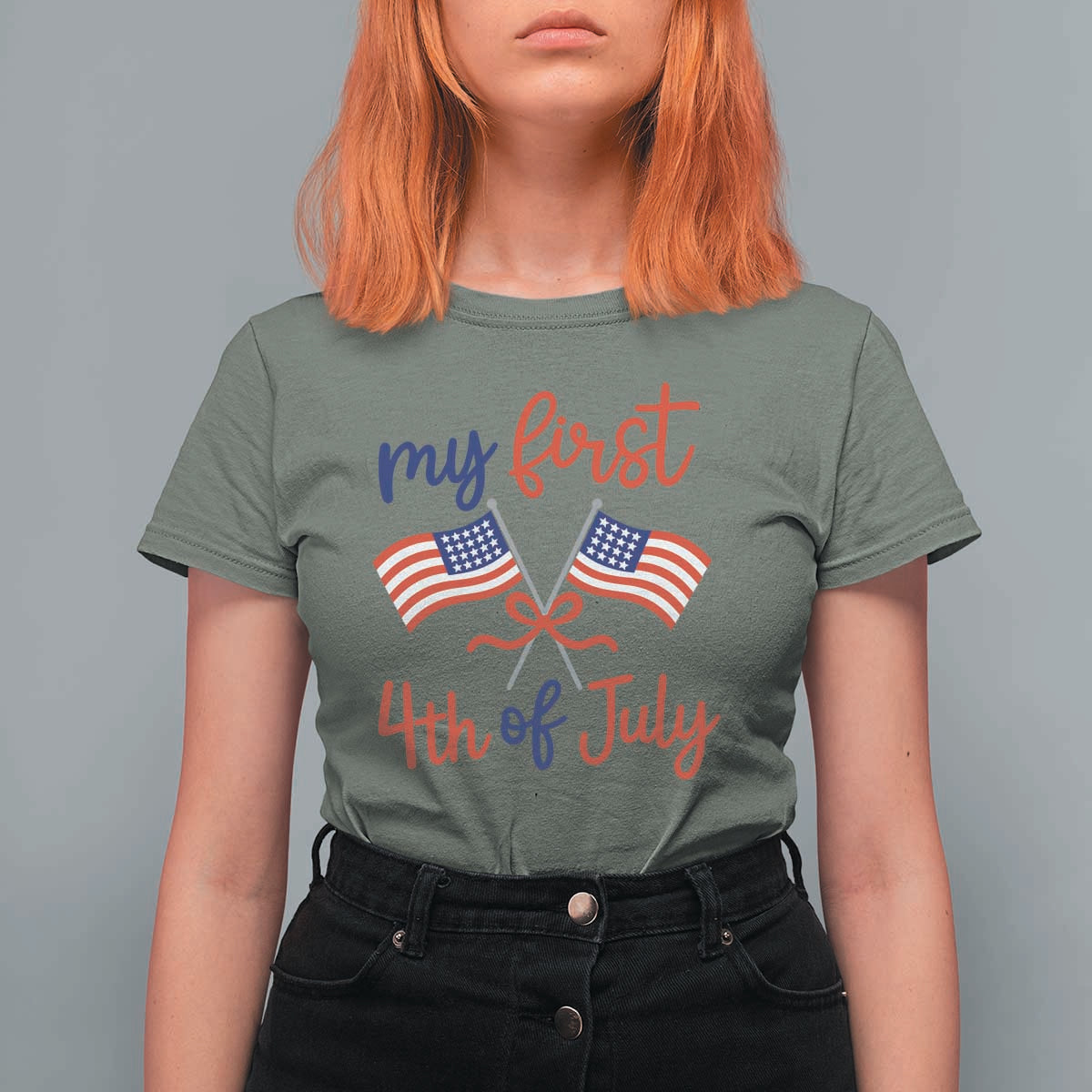 My First 4th of July Crossed American Flags Bow T Shirt For Women Patriotic Baby Girl Holiday Milestone