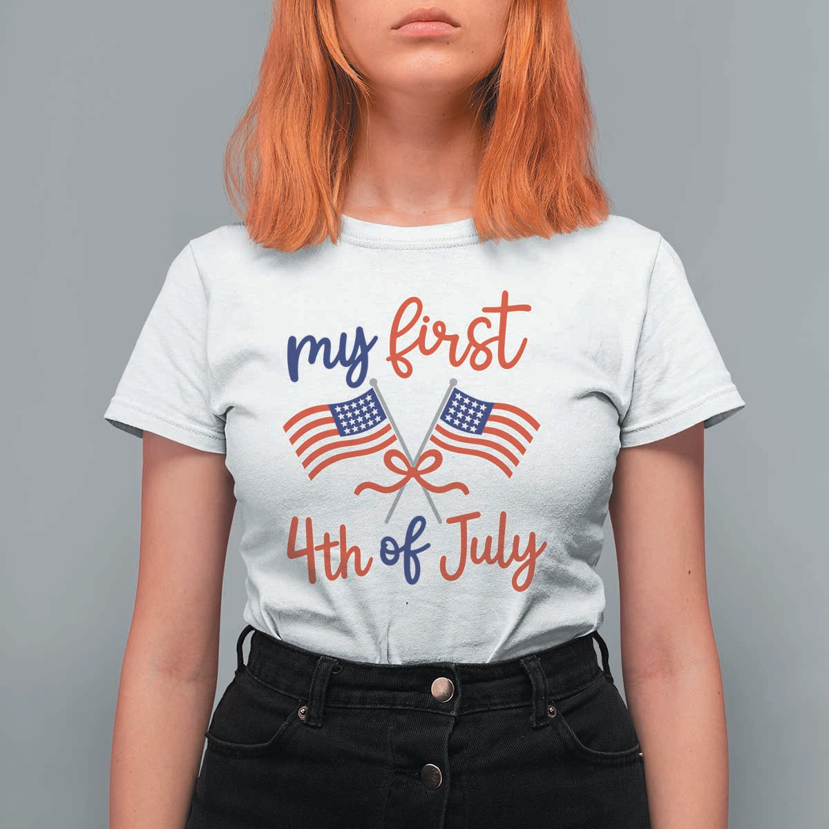 My First 4th of July Crossed American Flags Bow T Shirt For Women Patriotic Baby Girl Holiday Milestone