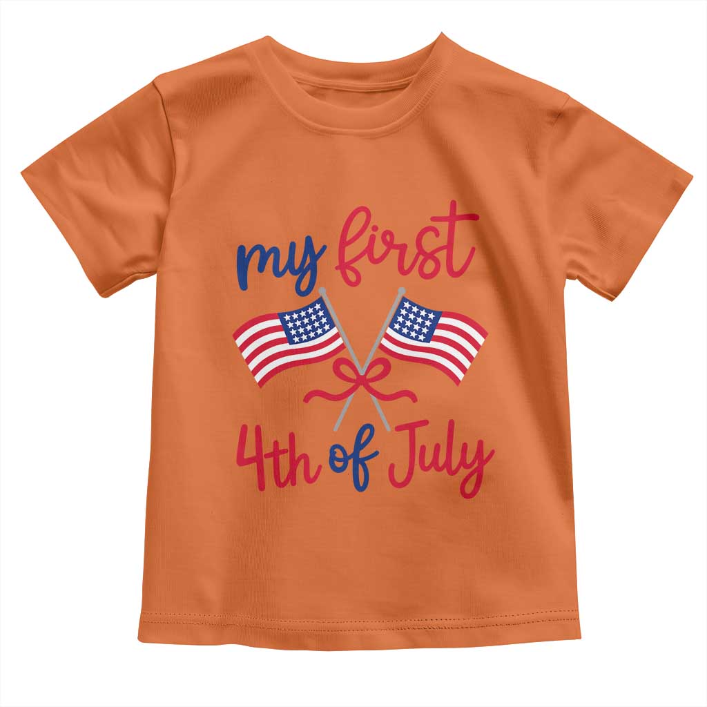 My First 4th of July Crossed American Flags Bow Toddler T Shirt Patriotic Baby Girl Holiday Milestone