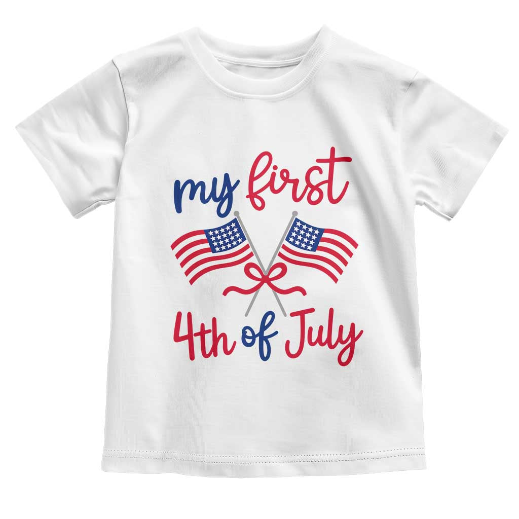 My First 4th of July Crossed American Flags Bow Toddler T Shirt Patriotic Baby Girl Holiday Milestone