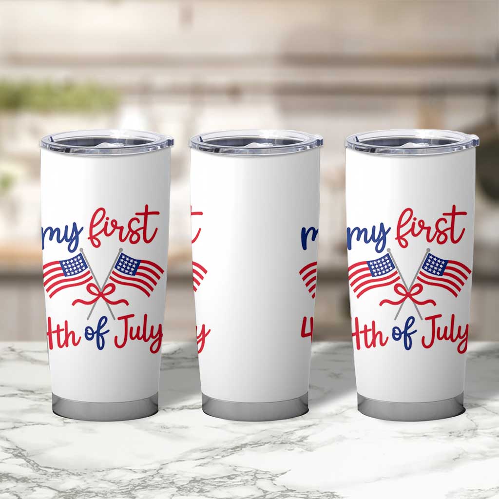 My First 4th of July Crossed American Flags Bow Tumbler Cup Patriotic Baby Girl Holiday Milestone