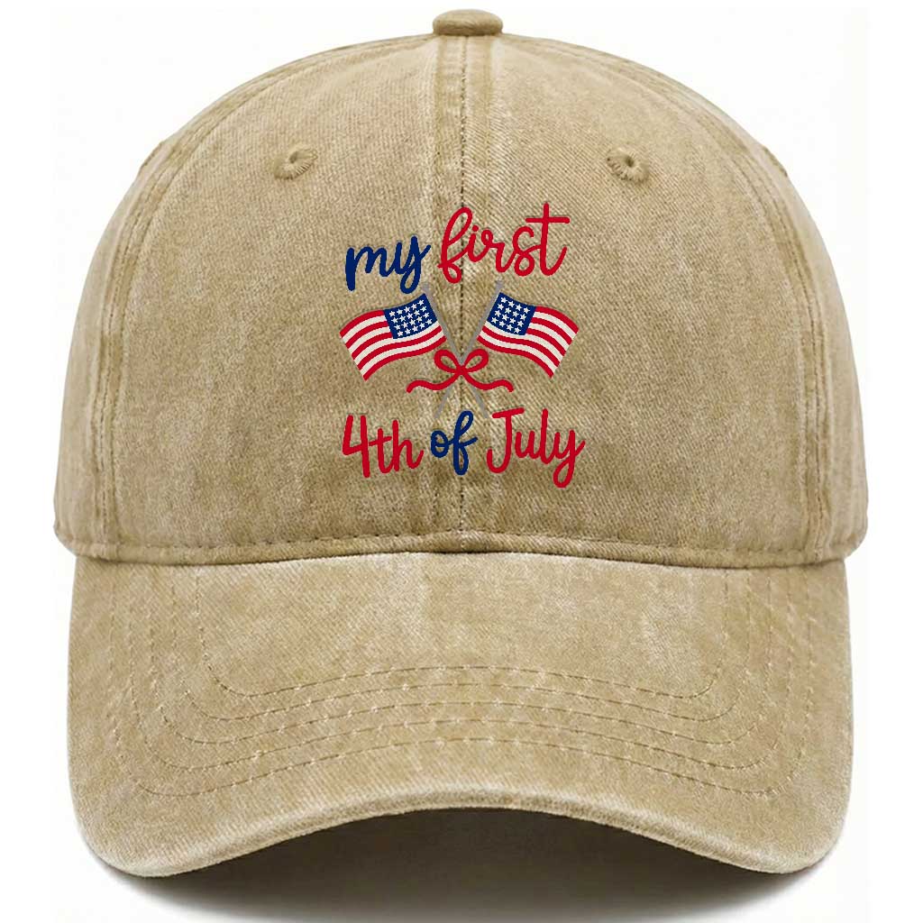 My First 4th of July Crossed American Flags Bow Washed Cotton Baseball Cap Patriotic Baby Girl Holiday Milestone