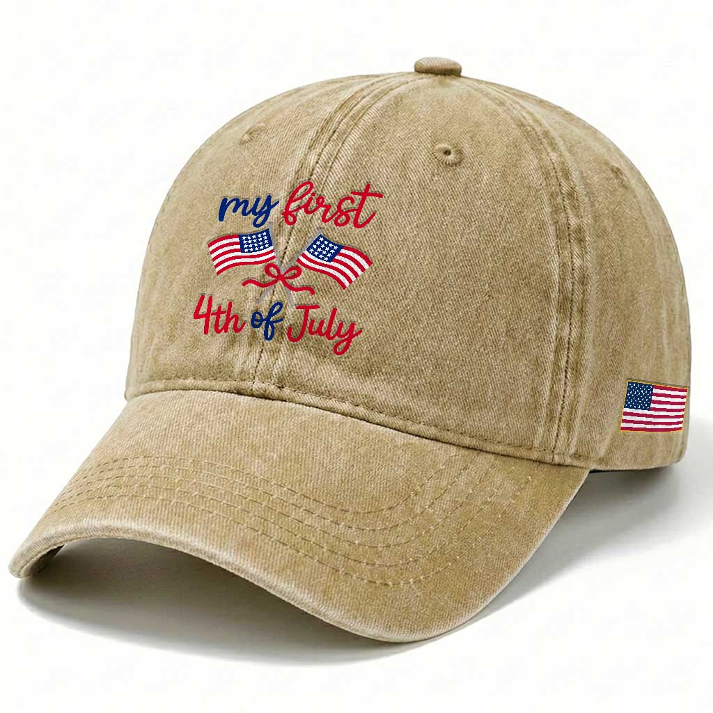 My First 4th of July Crossed American Flags Bow Washed Cotton Baseball Cap Patriotic Baby Girl Holiday Milestone