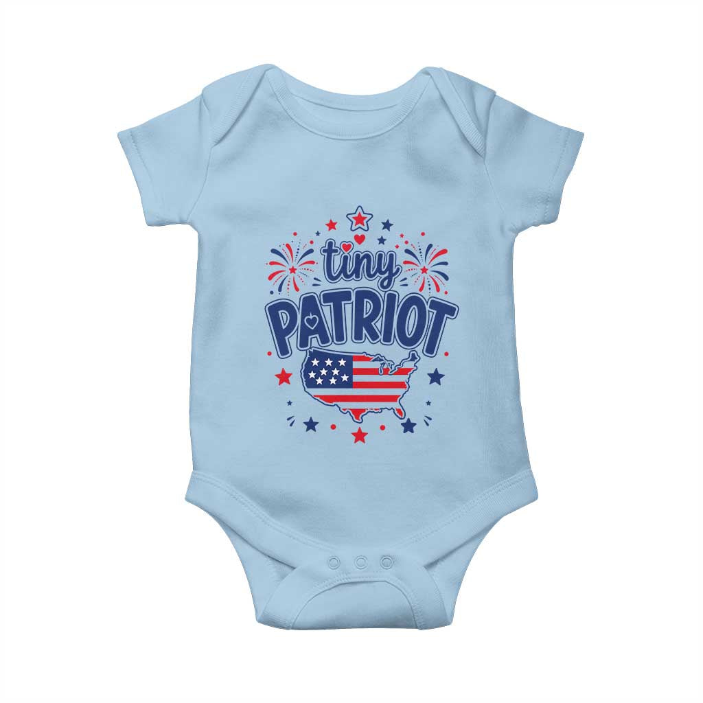 Tiny Patriot 4th of July Fireworks Baby Onesie USA Map American Flag Red White and Blue Patriotic Holiday