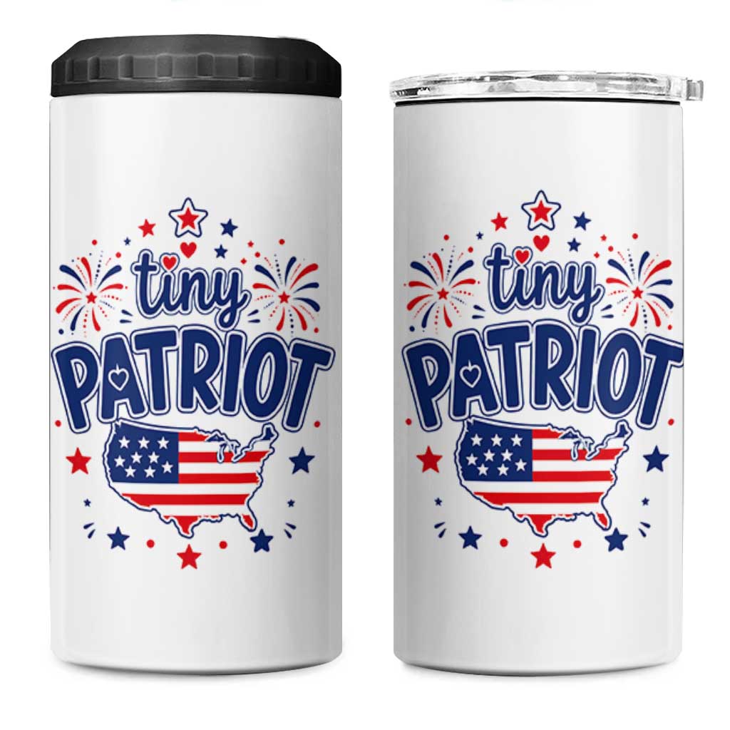 Tiny Patriot 4th of July Fireworks 4 in 1 Can Cooler Tumbler USA Map American Flag Red White and Blue Patriotic Holiday