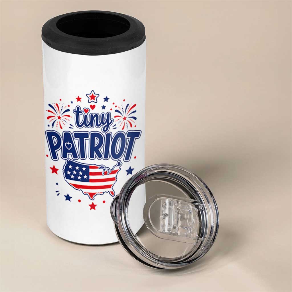 Tiny Patriot 4th of July Fireworks 4 in 1 Can Cooler Tumbler USA Map American Flag Red White and Blue Patriotic Holiday