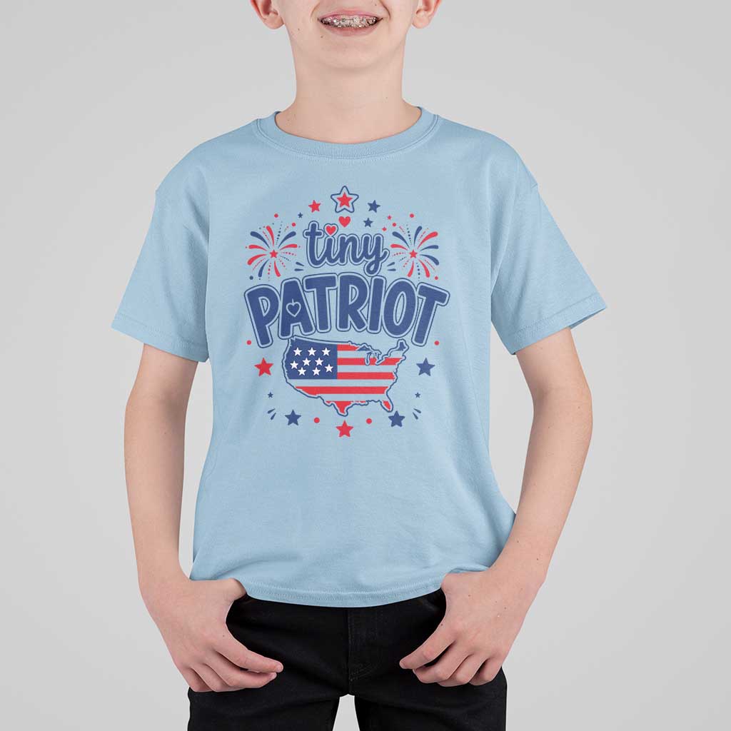 Tiny Patriot 4th of July Fireworks T Shirt For Kid USA Map American Flag Red White and Blue Patriotic Holiday