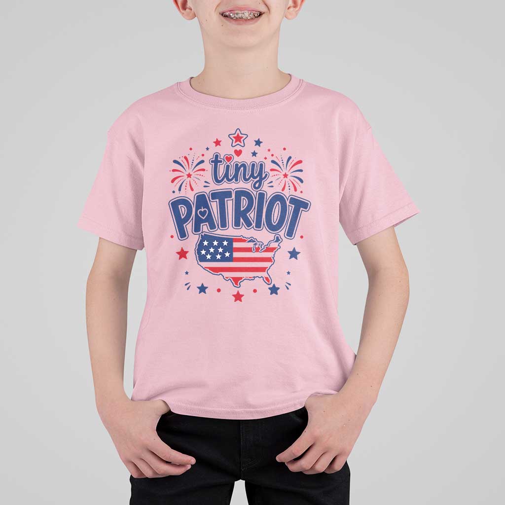 Tiny Patriot 4th of July Fireworks T Shirt For Kid USA Map American Flag Red White and Blue Patriotic Holiday