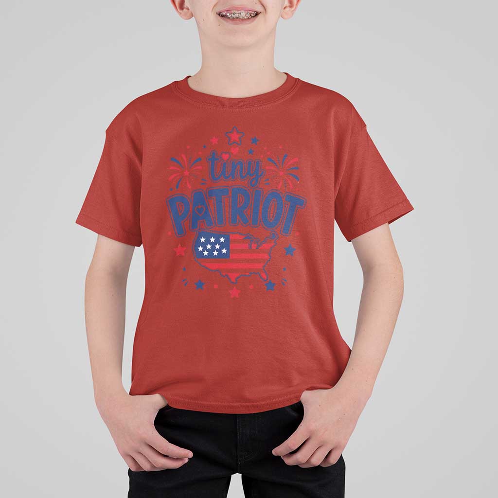Tiny Patriot 4th of July Fireworks T Shirt For Kid USA Map American Flag Red White and Blue Patriotic Holiday