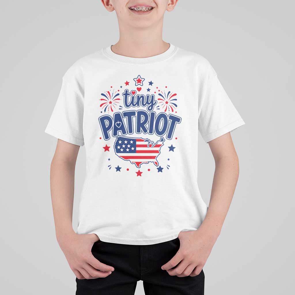 Tiny Patriot 4th of July Fireworks T Shirt For Kid USA Map American Flag Red White and Blue Patriotic Holiday