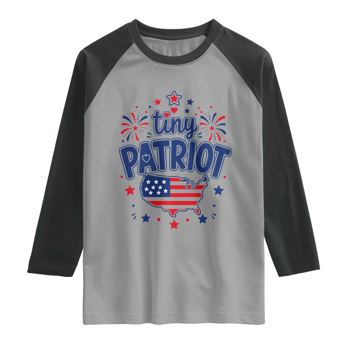Tiny Patriot 4th of July Fireworks Raglan Shirt USA Map American Flag Red White and Blue Patriotic Holiday