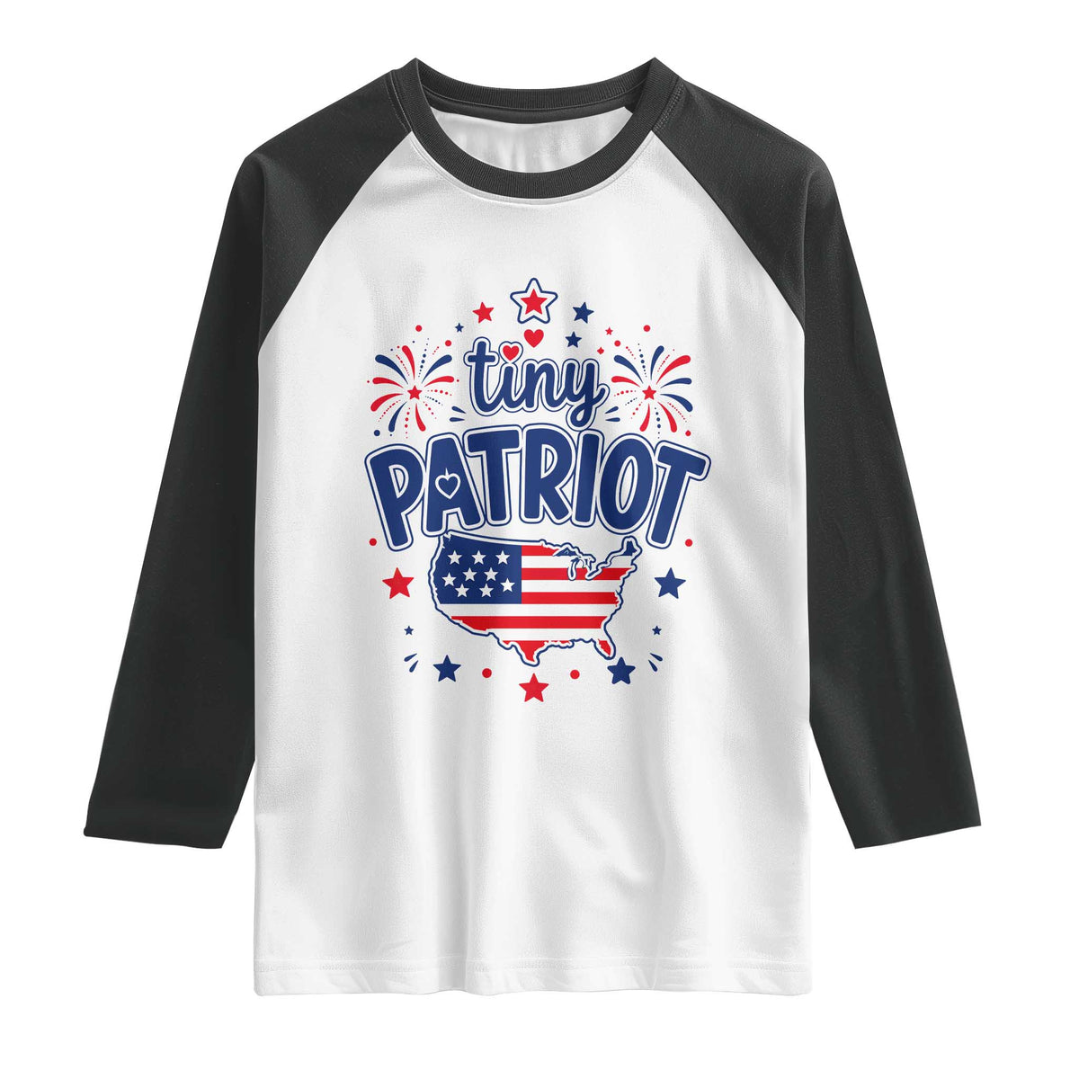 Tiny Patriot 4th of July Fireworks Raglan Shirt USA Map American Flag Red White and Blue Patriotic Holiday
