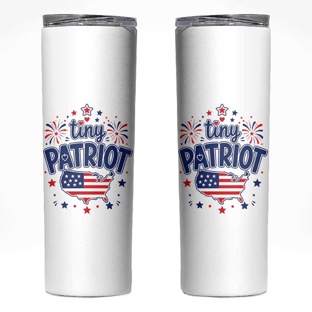 Tiny Patriot 4th of July Fireworks Skinny Tumbler USA Map American Flag Red White and Blue Patriotic Holiday