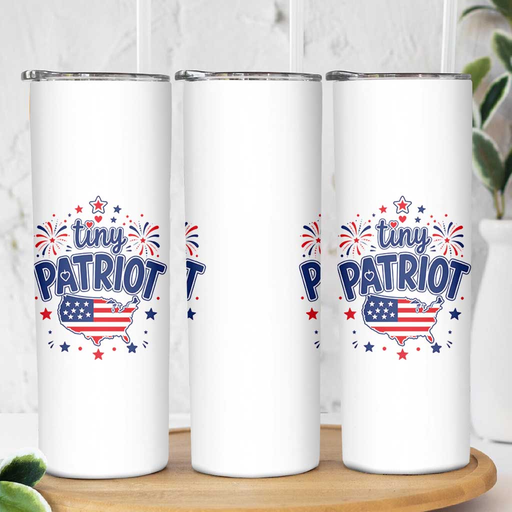 Tiny Patriot 4th of July Fireworks Skinny Tumbler USA Map American Flag Red White and Blue Patriotic Holiday