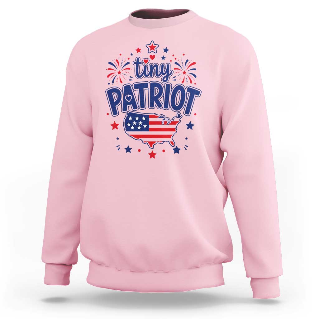 Tiny Patriot 4th of July Fireworks Sweatshirt USA Map American Flag Red White and Blue Patriotic Holiday