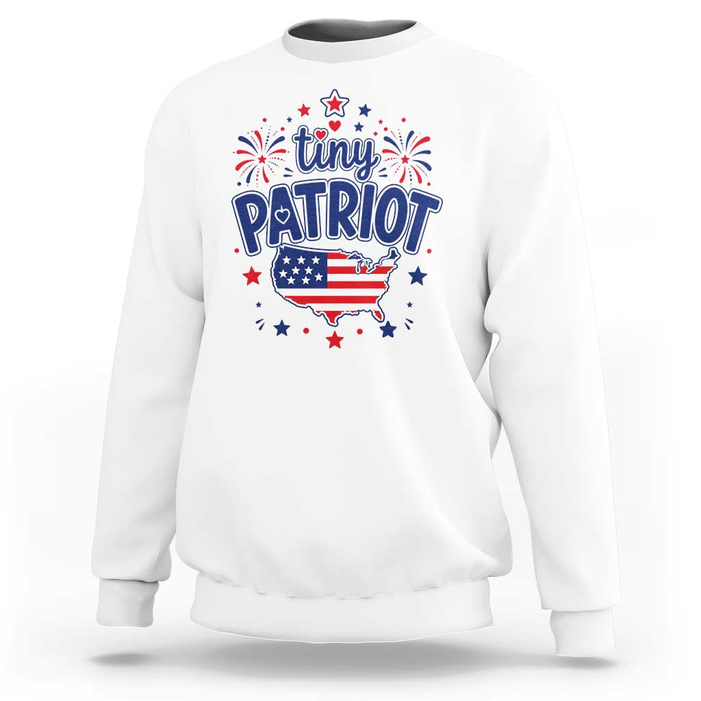 Tiny Patriot 4th of July Fireworks Sweatshirt USA Map American Flag Red White and Blue Patriotic Holiday