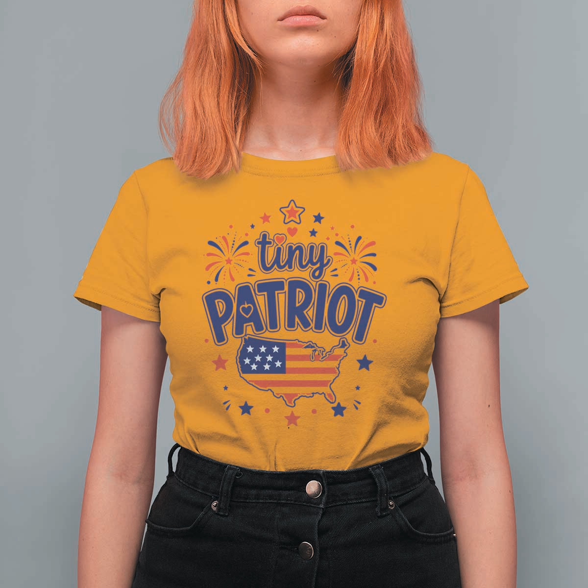 Tiny Patriot 4th of July Fireworks T Shirt For Women USA Map American Flag Red White and Blue Patriotic Holiday