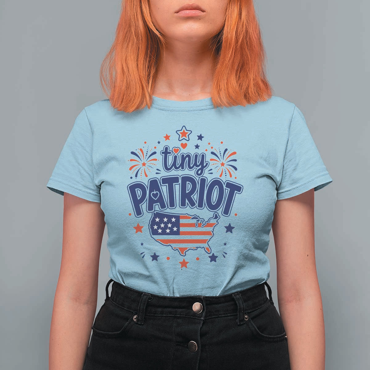 Tiny Patriot 4th of July Fireworks T Shirt For Women USA Map American Flag Red White and Blue Patriotic Holiday