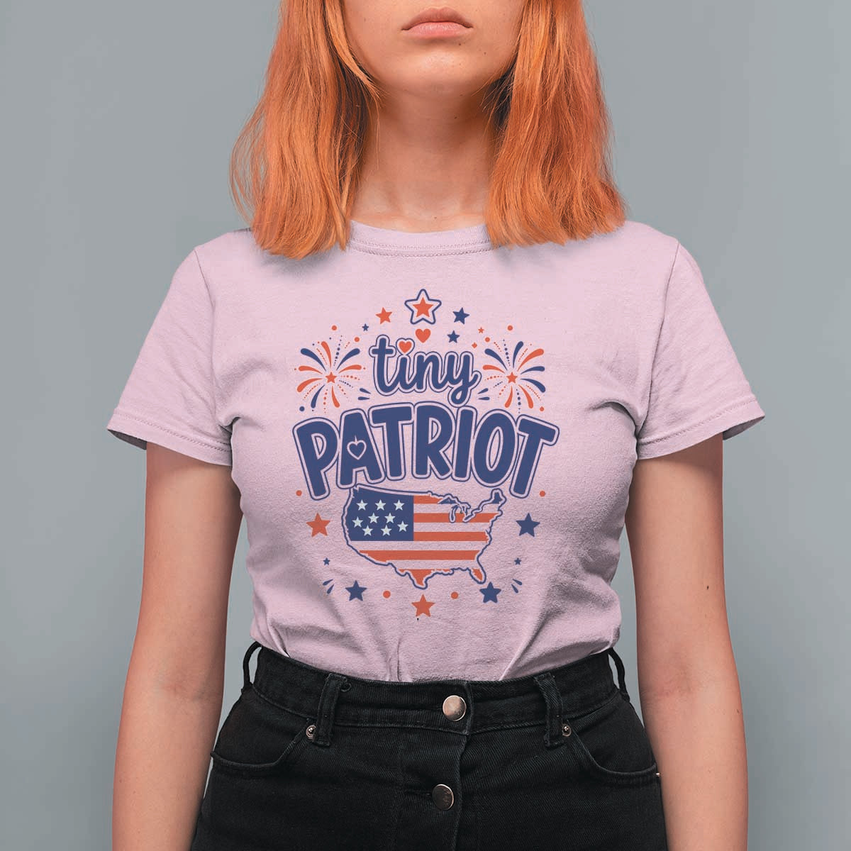 Tiny Patriot 4th of July Fireworks T Shirt For Women USA Map American Flag Red White and Blue Patriotic Holiday