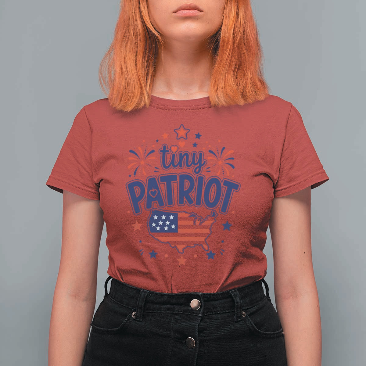 Tiny Patriot 4th of July Fireworks T Shirt For Women USA Map American Flag Red White and Blue Patriotic Holiday