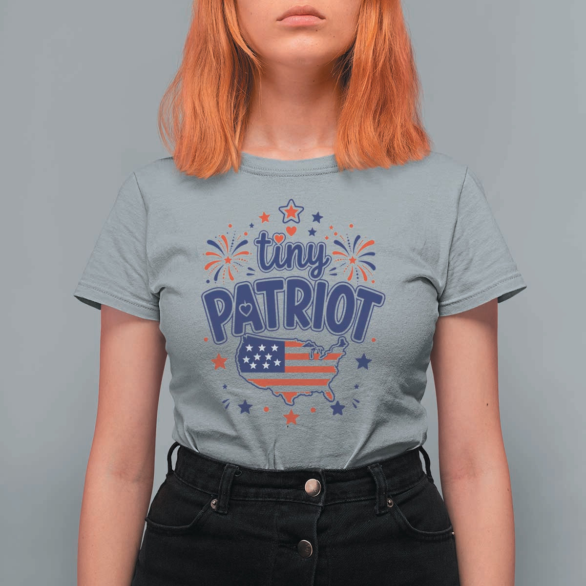 Tiny Patriot 4th of July Fireworks T Shirt For Women USA Map American Flag Red White and Blue Patriotic Holiday